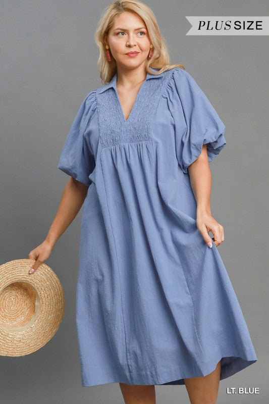 PLUS SMOCKED FRONT YOKE MIDI DRESS