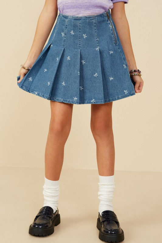 Girls Bow Printed Pleated Denim Skirt