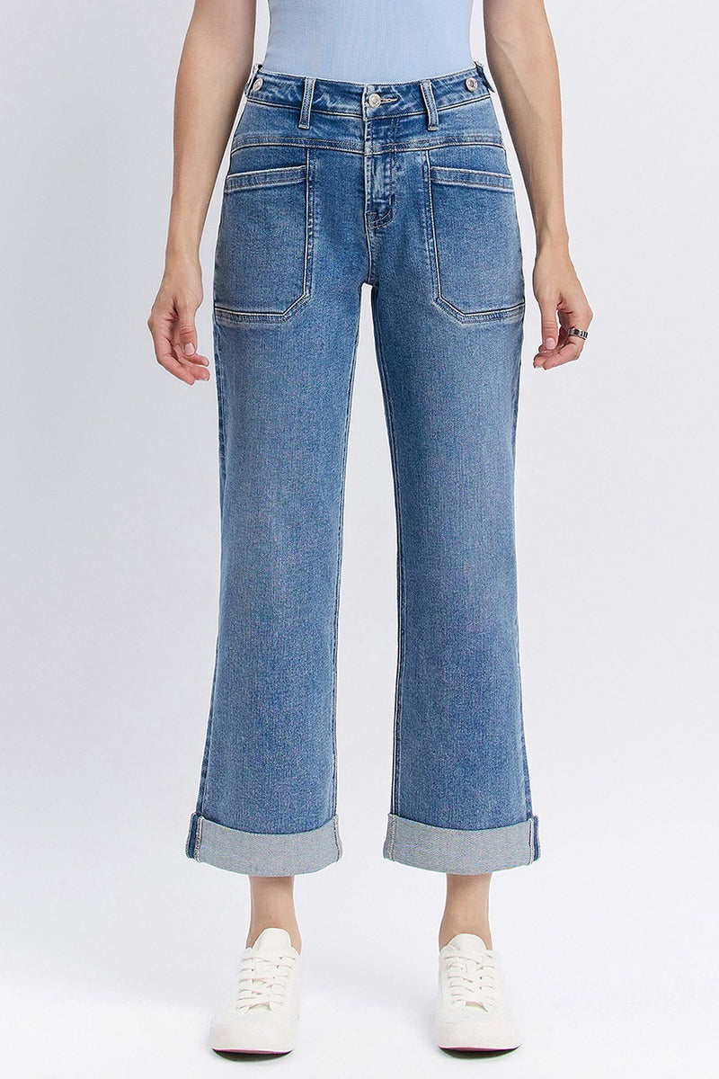 VERVET HIGH RISE TAB WAISTBAND CUFFED SLIM WIDE JEANS