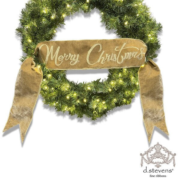 D. Stevens 6" x 70" velvet wired banner gold embroidery Merry Christmas, gold