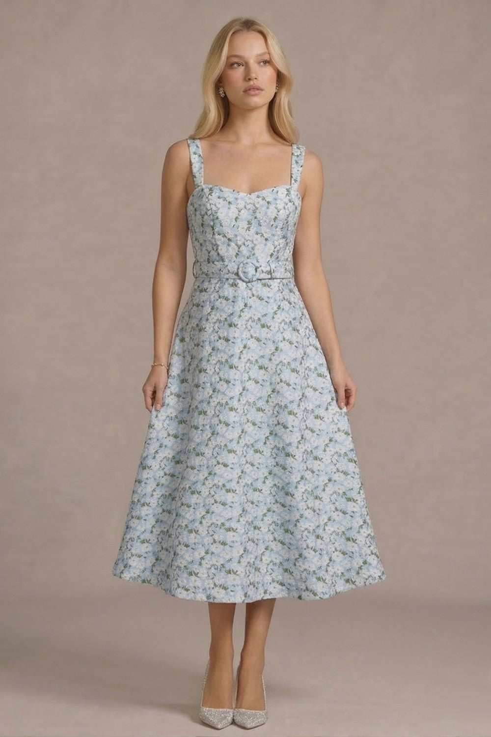 Floral Jacquard Belted Midi Dress