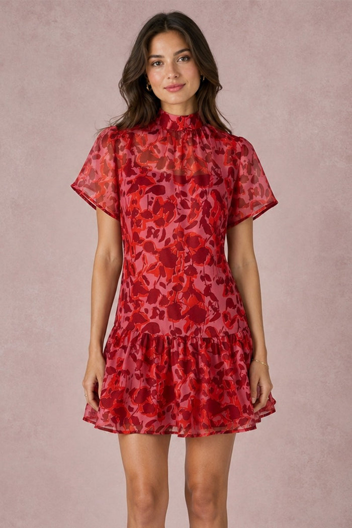 Soft Organza Mock Neck Mini Dress With Removable Slip Dress