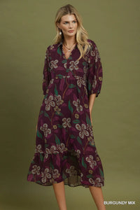 Mixed Floral Print Tiered Midi Dress