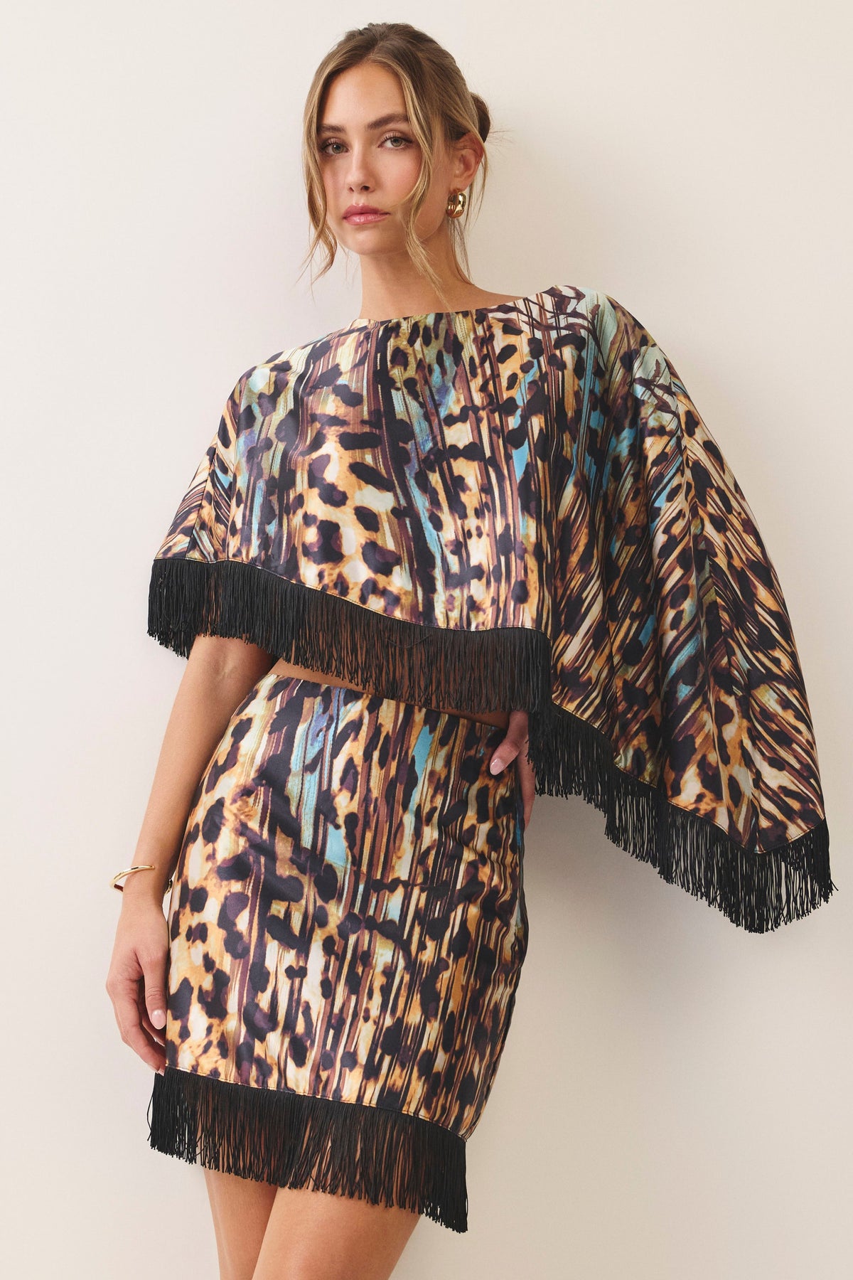 Animal Print Fringe Hem Poncho Top