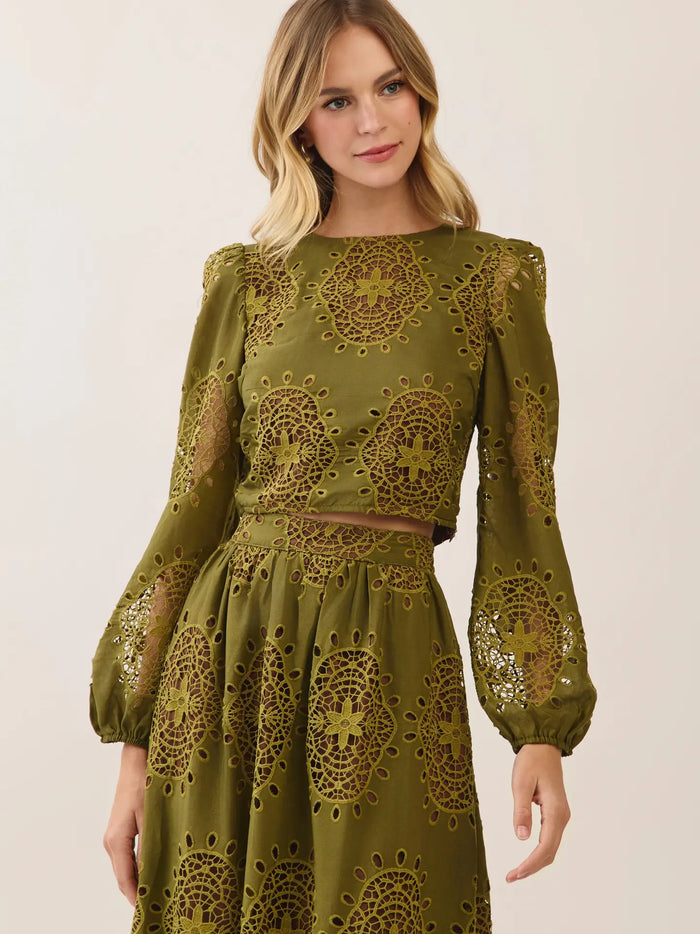 Embroidered Eyelet Puff Sleeve Crop Top
