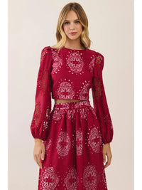 Embroidered Eyelet Puff Sleeve Crop Top