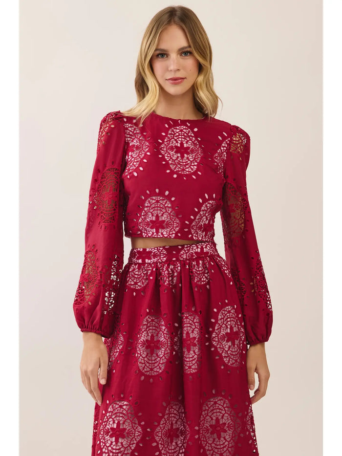 Embroidered Eyelet Puff Sleeve Crop Top