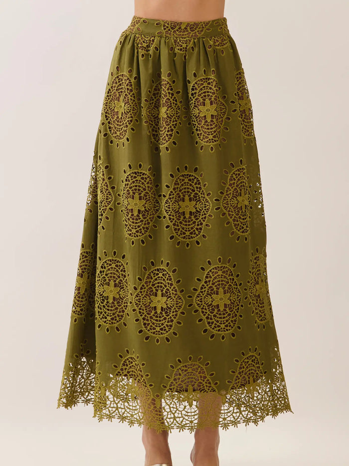Eyelet Lace Saclloped Hem Maxi Skirt