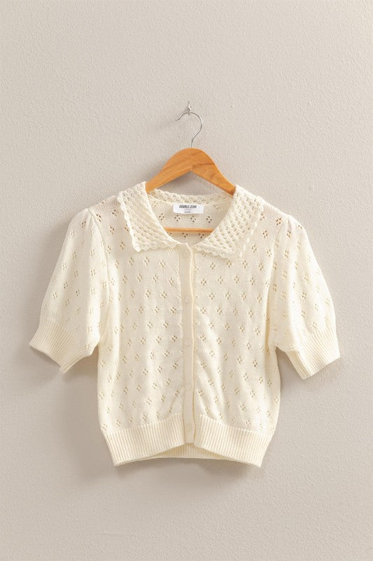 Cute Pointelle Open Knit Puff Sleeve Top