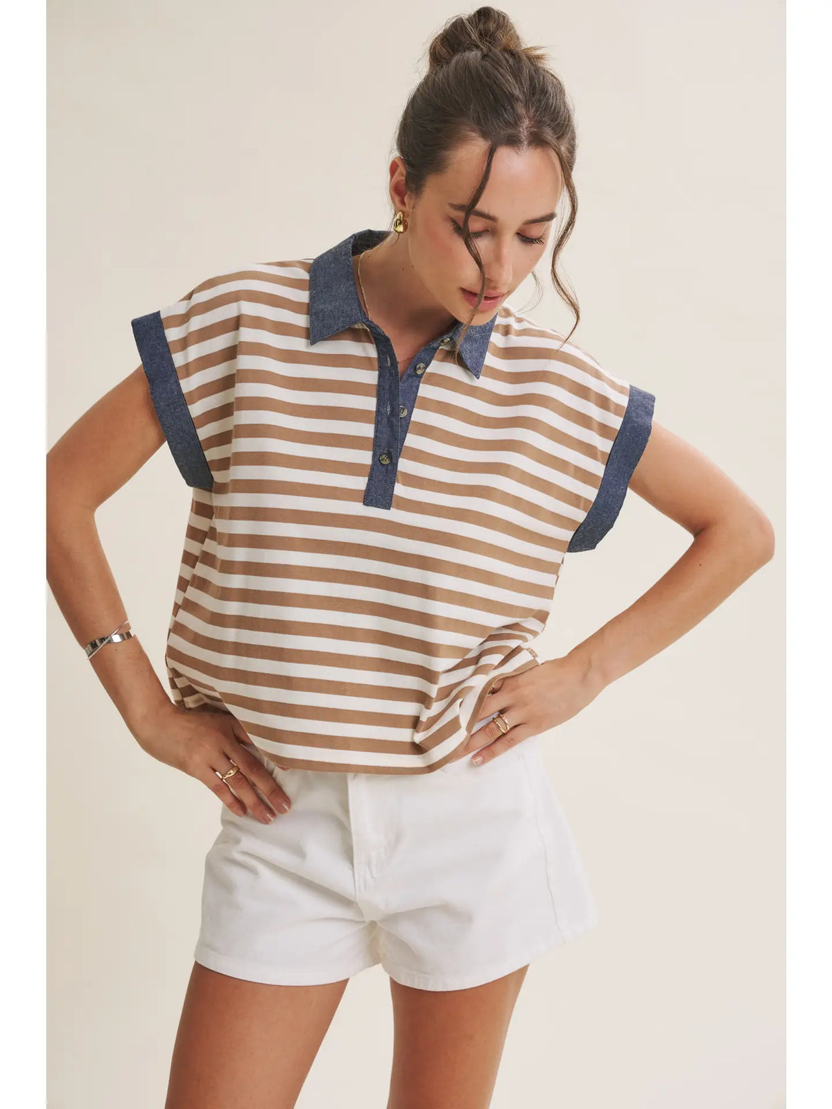Classic Stripe Cotton Polo Top with Denim Contrast