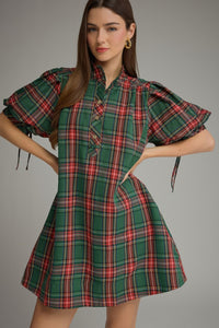 Plaid print short puff sleeve mini dress