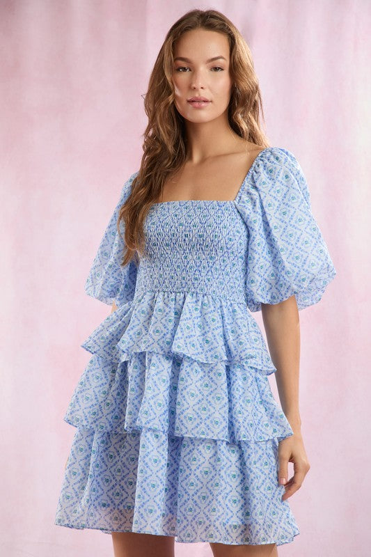 Smocked Bodice Bubble Sleeve Tiered Mini Dress