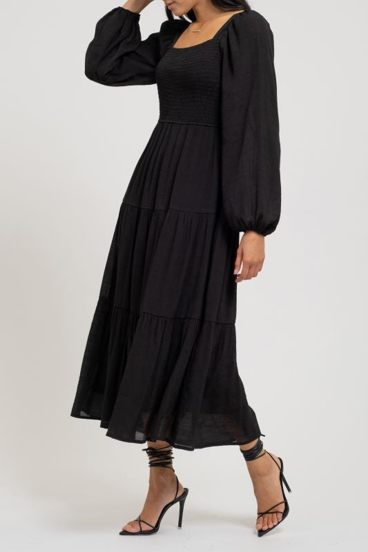 SOLID TIERED BALLOON LONG SLEEVE DRESS