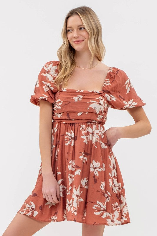 FLORAL PLEATED PUFF SLEEVE MINI DRESS