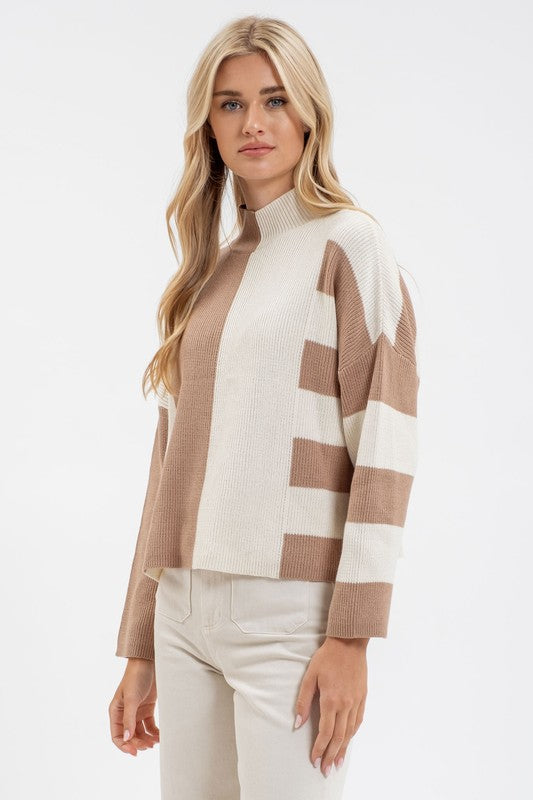 STRIPE COLORBLOCK MOCK NECK KNIT SWEATER