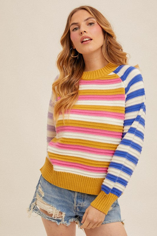 COLOR BLOCK RAGLAN MULTI COLOR STRIPE SWEATER