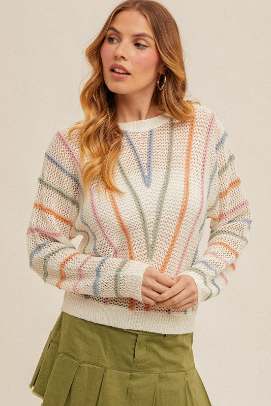 MULTI STRIPE DOLMAN SLEEVE FISHNET SWEATER