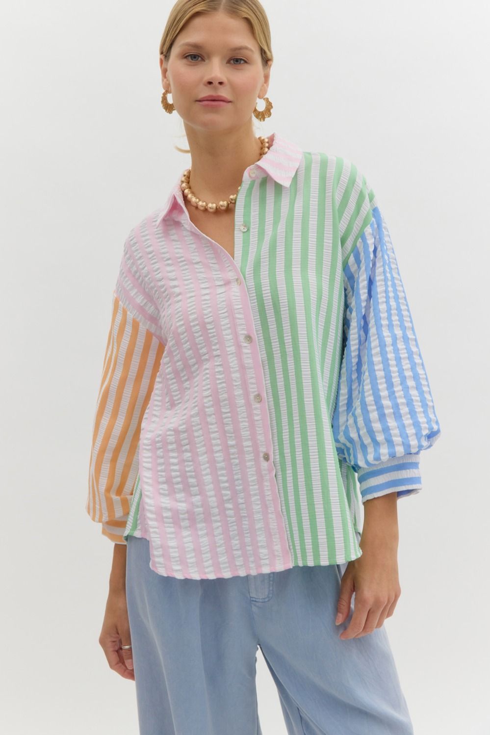 Color block striped collared button front top