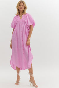 Textured short puff sleeve faux button up v-neck collared midi dress