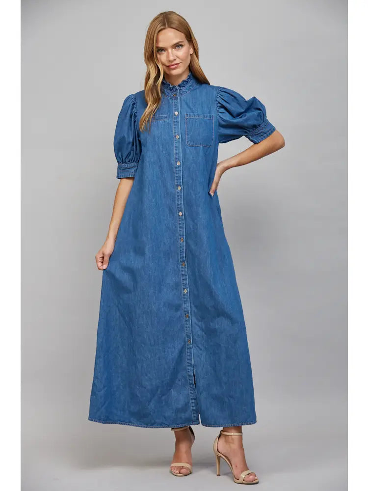 Ruffled High Neckline Button Front Washed Denim Midi Dress