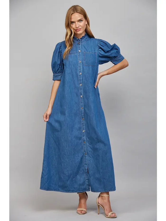 Ruffled High Neckline Button Front Washed Denim Midi Dress