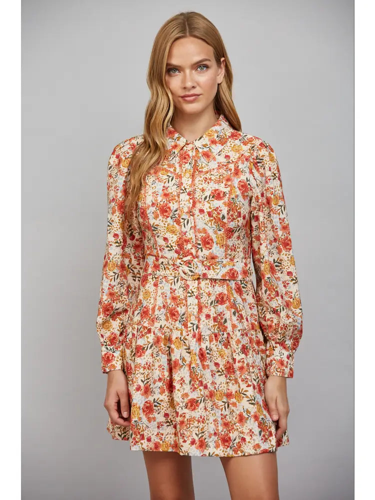 Matching Waist Tie Floral Print Button Down Shirt Dress