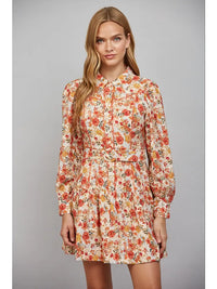 Matching Waist Tie Floral Print Button Down Shirt Dress