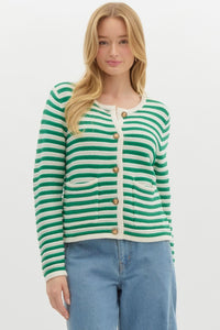 Striped round neck long sleeve sweater knit cardigan