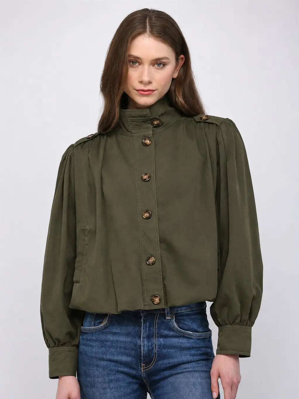 High Stand Collar Gathered Hem Bomber Jacket