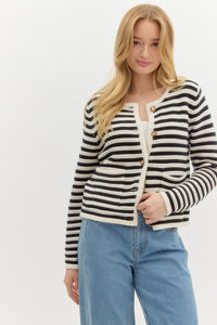 Striped round neck long sleeve sweater knit cardigan