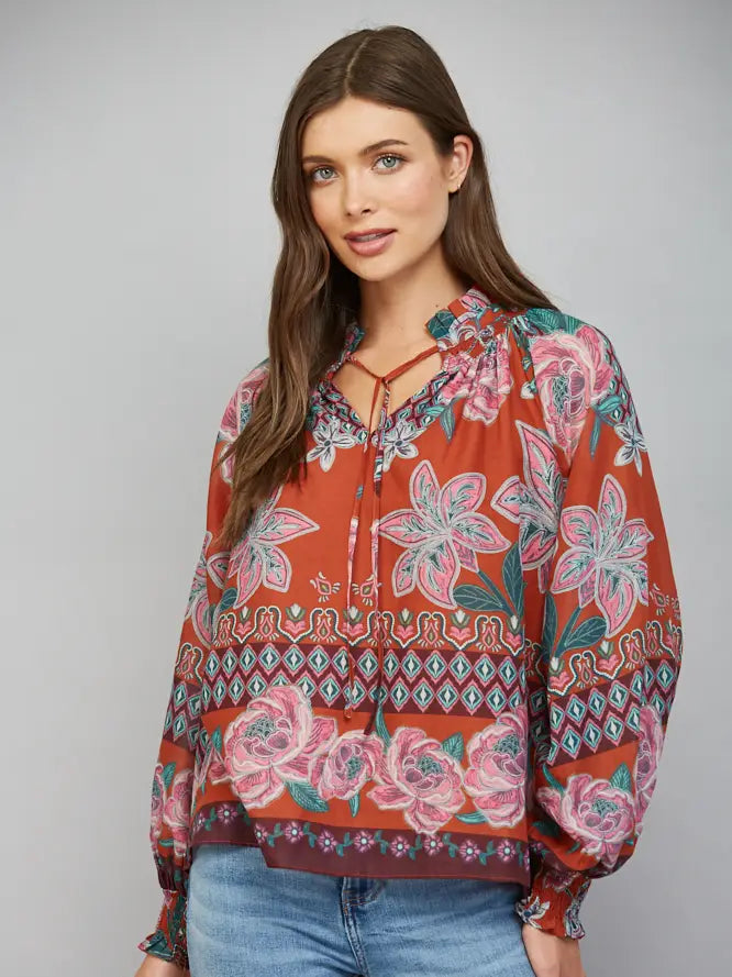 Floral Border Print Ruffled Neck with Tie Billowy Blouse