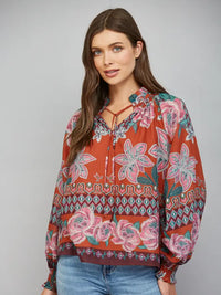 Floral Border Print Ruffled Neck with Tie Billowy Blouse