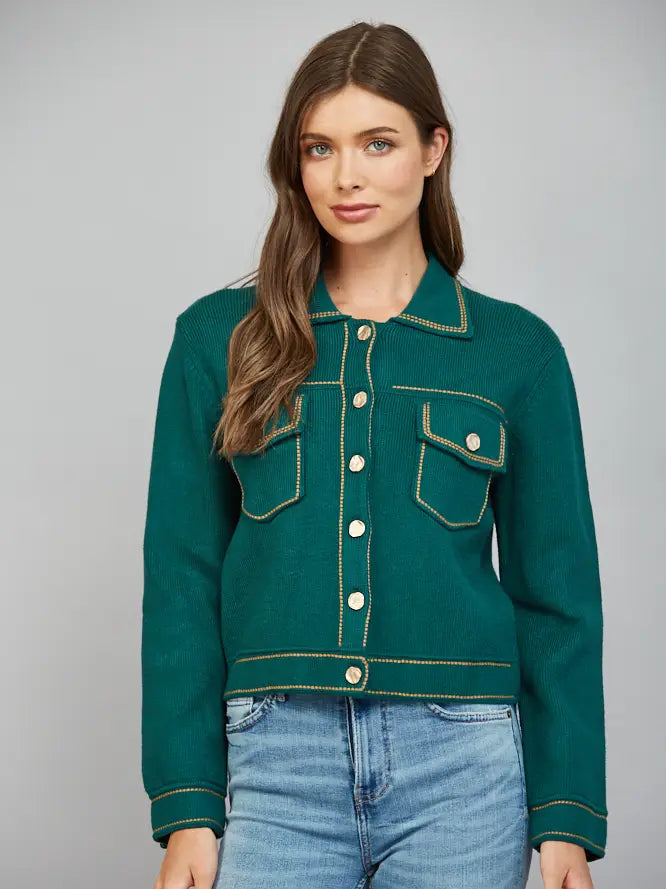 Contrast Stitching Detail Front Button Closure Knit Jacket