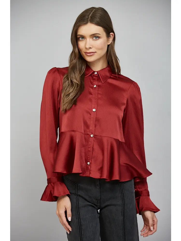 Peplum Hem Detail Satin Button Down Blouse