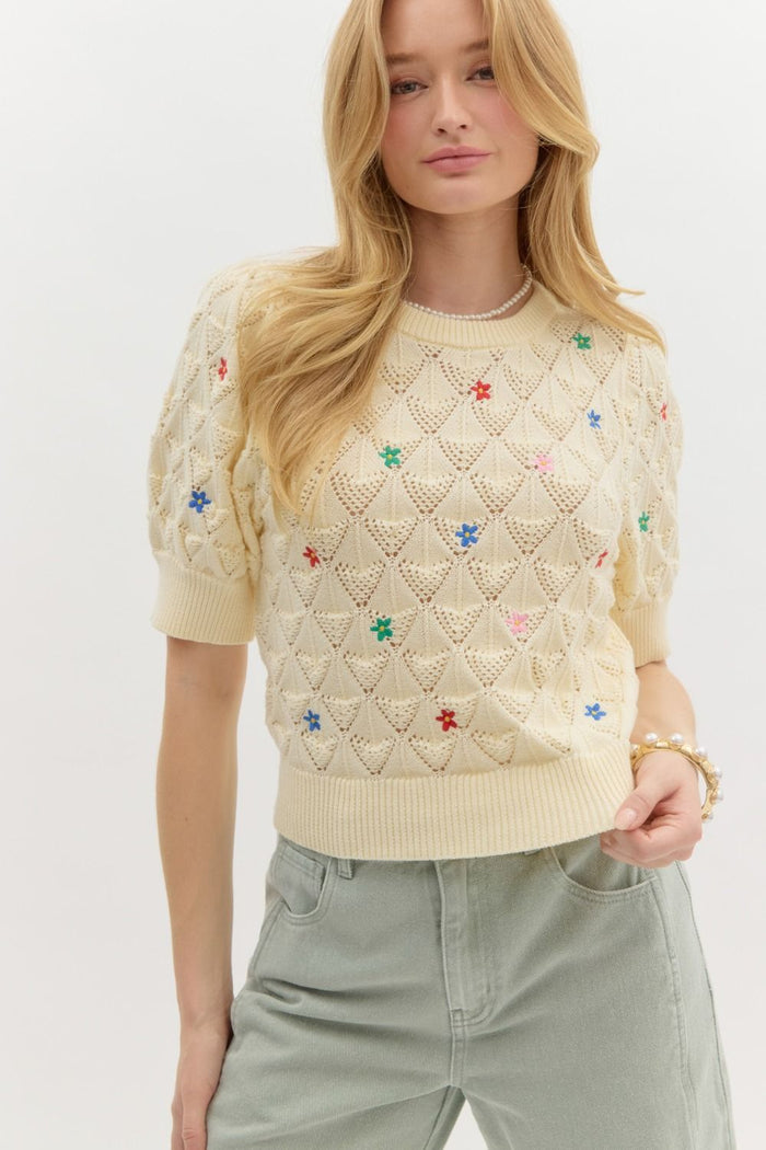 Diamond pattern pointelle sweater