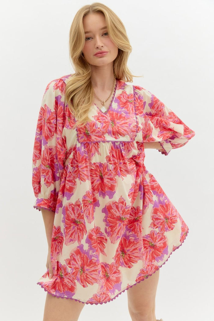 Floral print ¾ bandedd puff sleeve babydoll