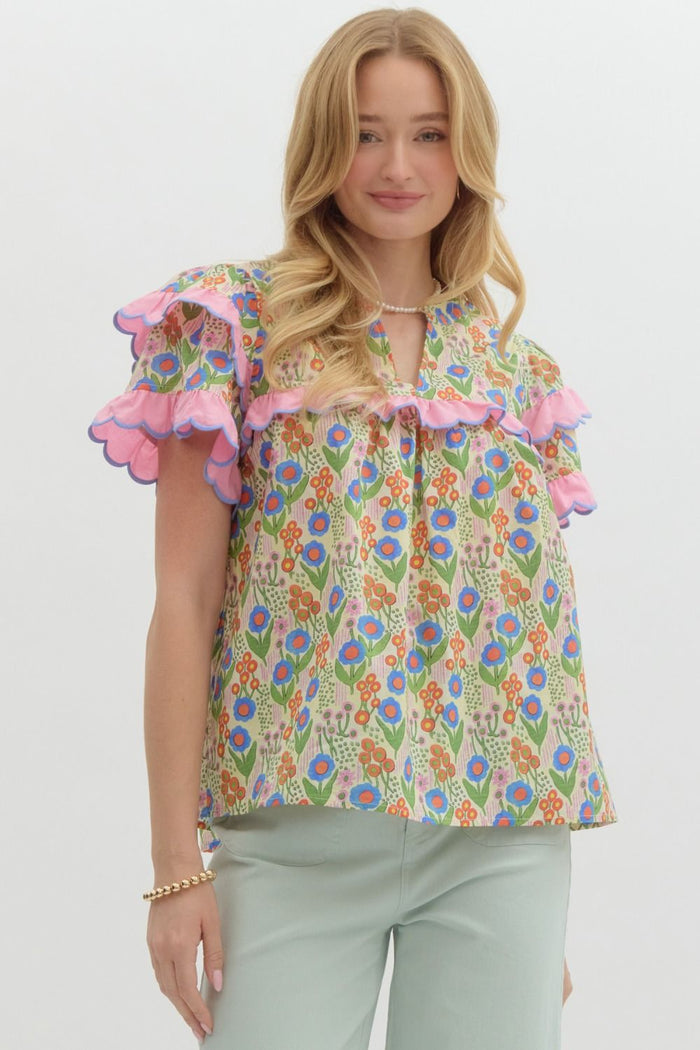 Floral print v-neck double layer ruffle short sleeve pullover top