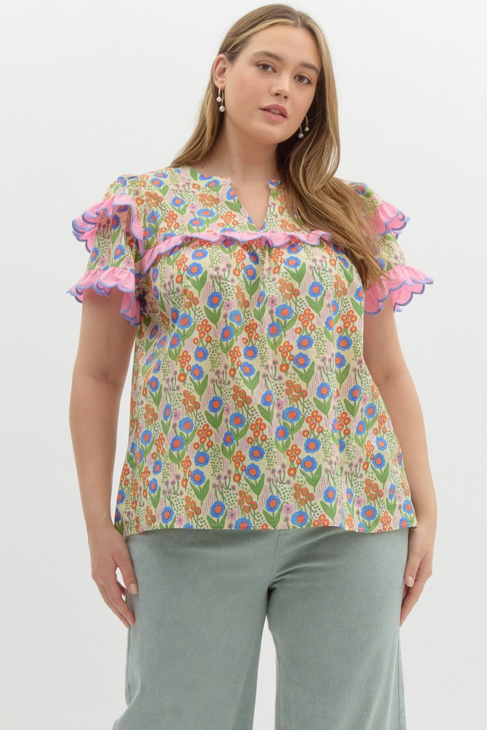 Floral print v-neck double layer ruffle short sleeve pullover top