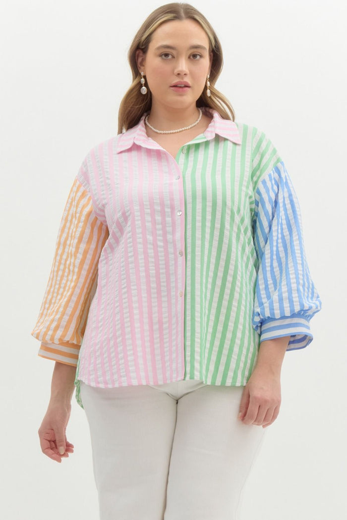 Colorblock striped collared button front top