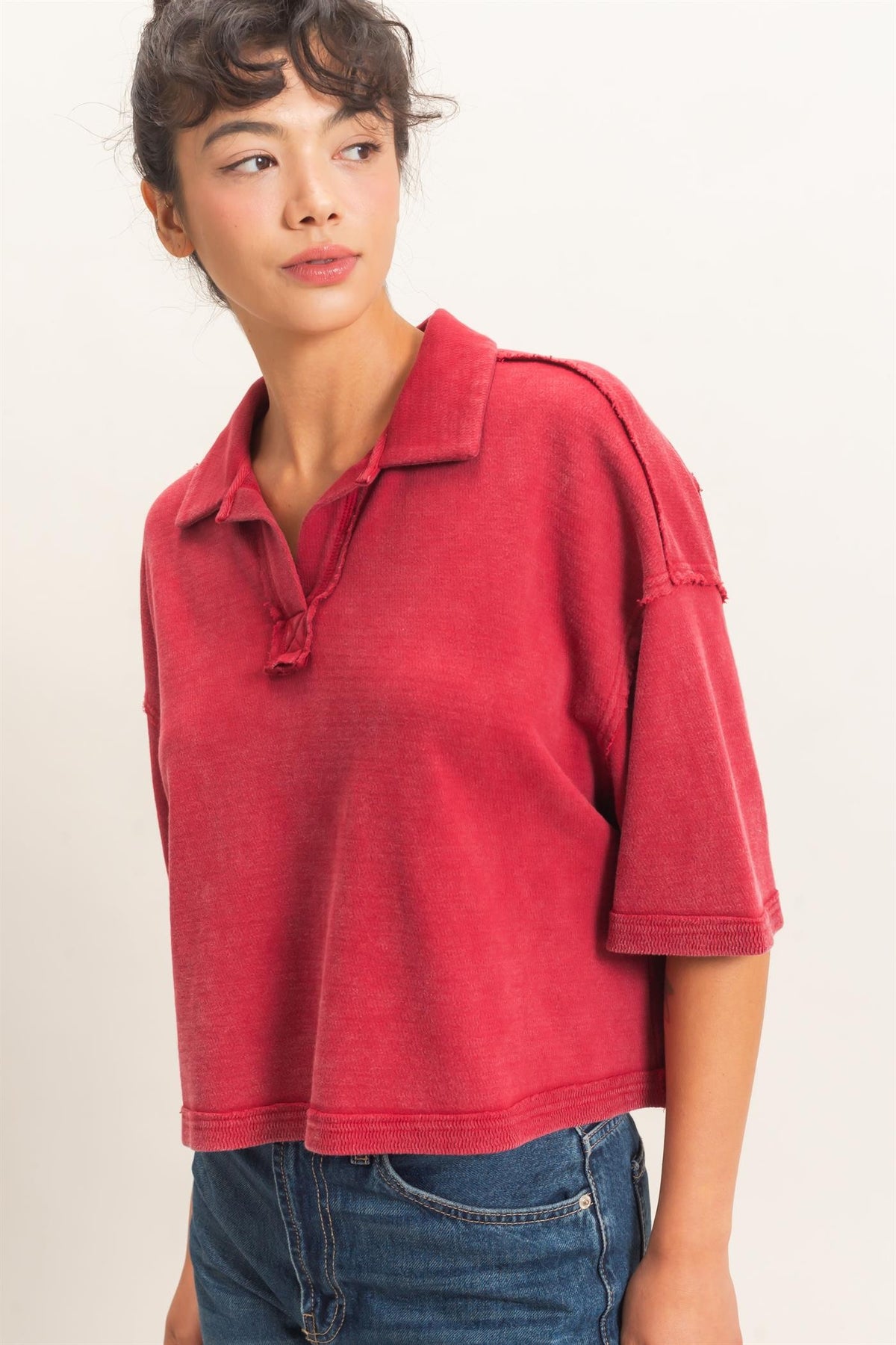 Mineral Wash Oversized Collar Short Sleeve Top