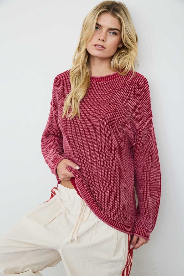 Washed Raw Edge Drop Shoulder Sweater