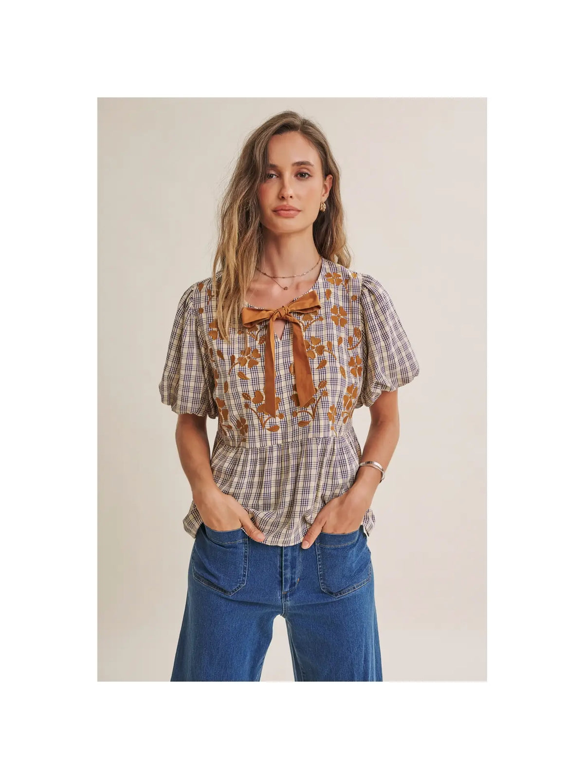 French Farm Bubble Sleeves Plaid Embroidered Babydoll Blouse