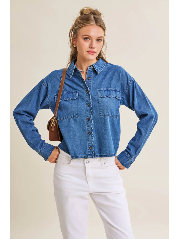 Heritage Denim Washed Button-Down Scallop Shirt