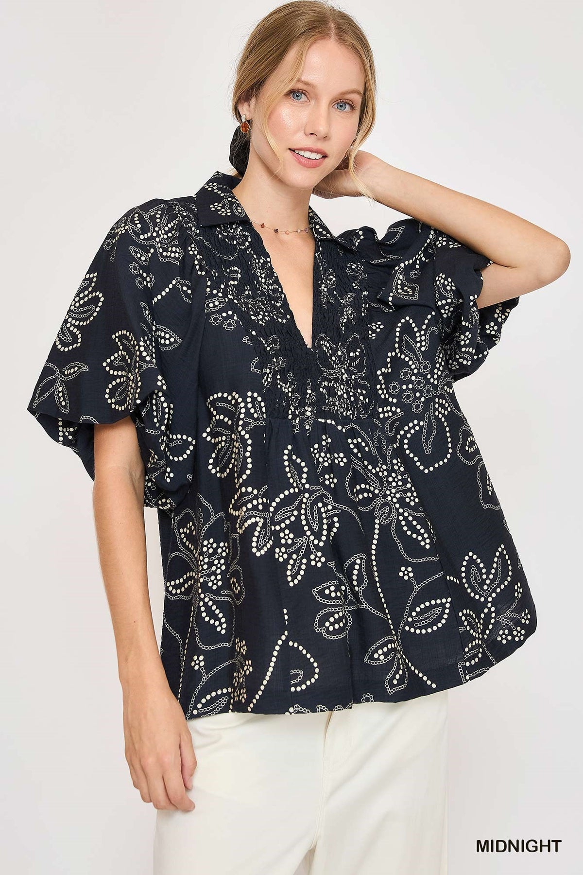 Floral Print V Neck Top with Smocking Details