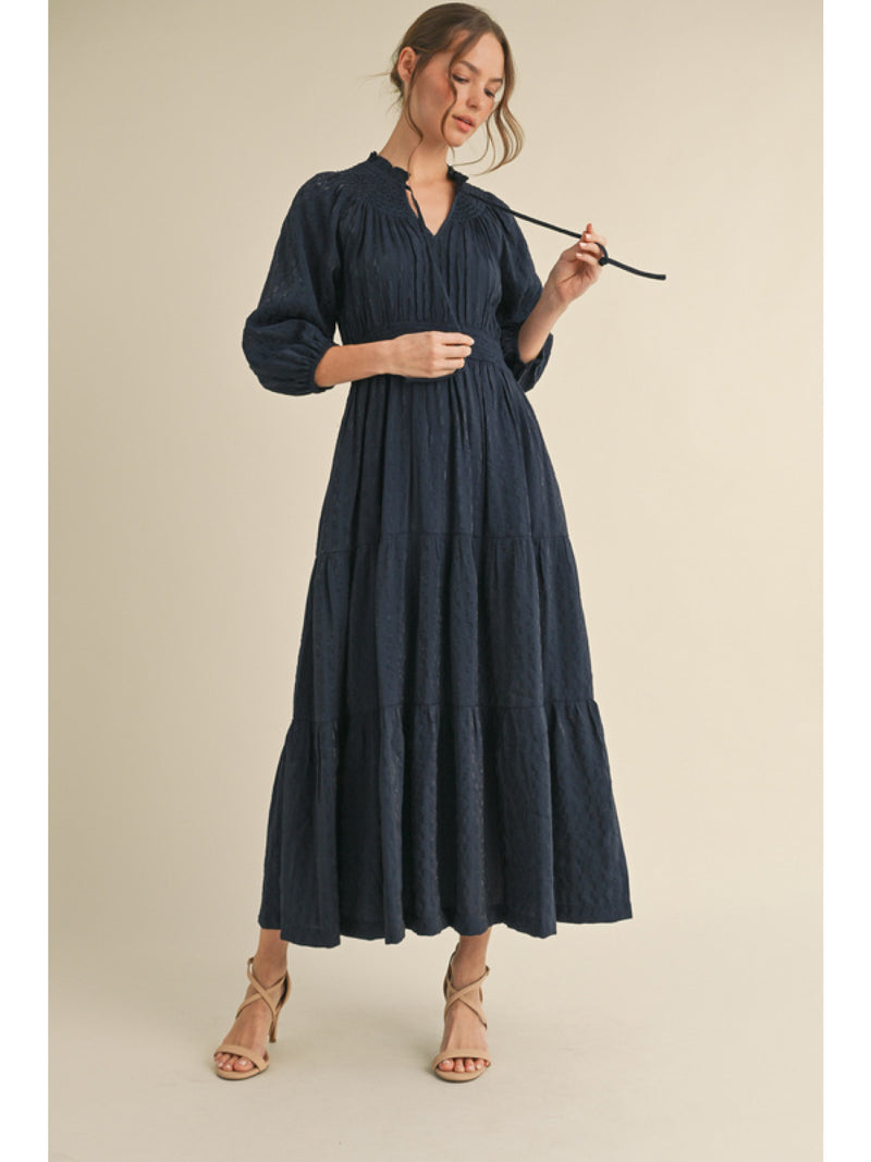 Ripple maxi dress with frilled tie neck