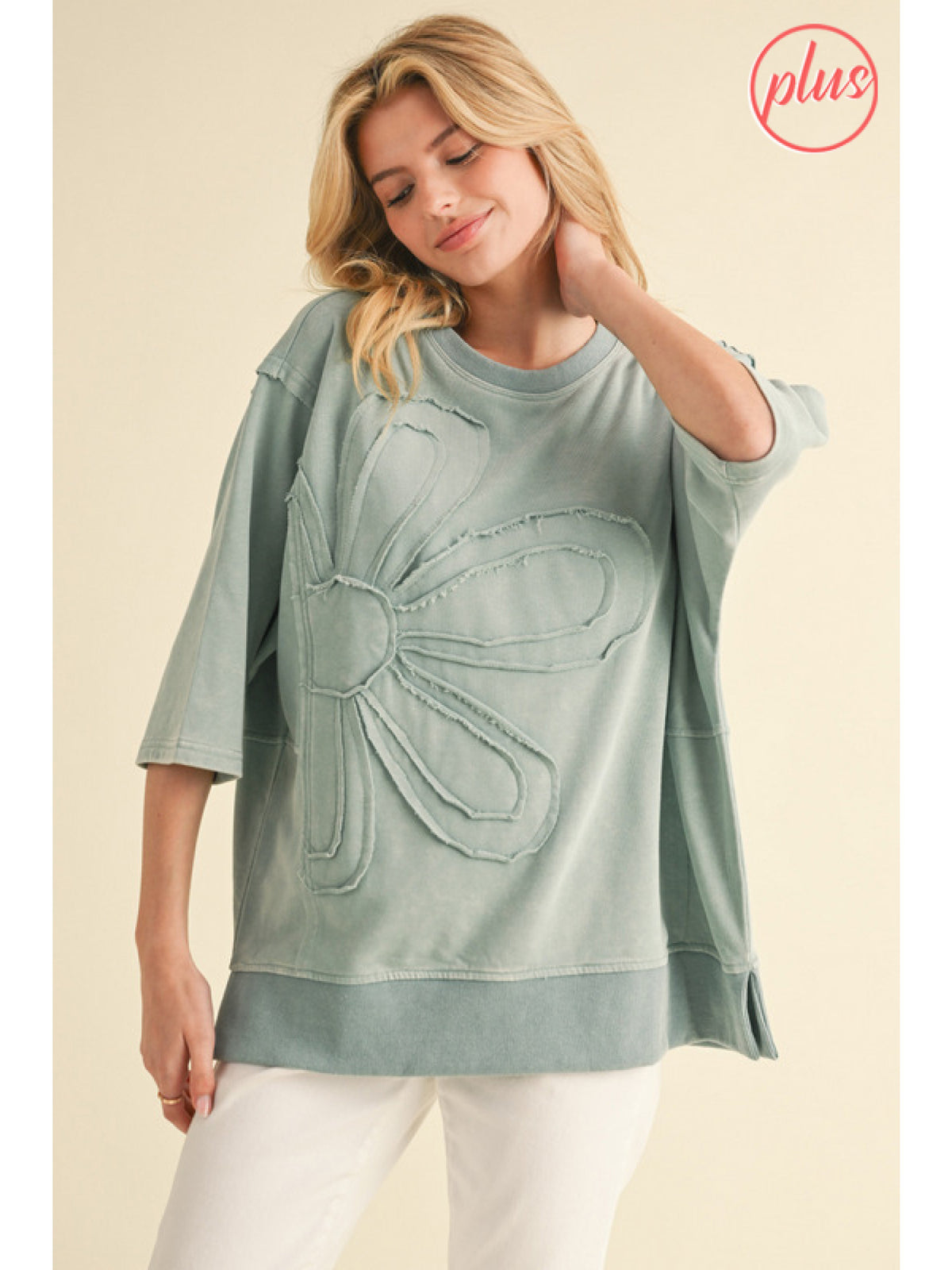 Solid sweatshirts top with crew neck front frayed flower embroidery detai