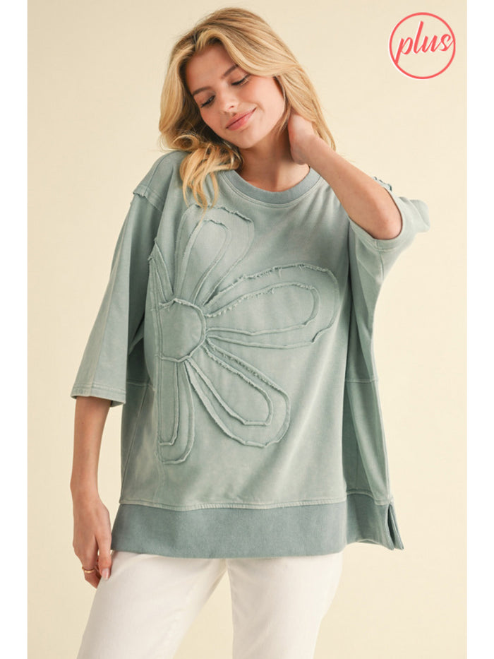 Solid sweatshirts top with crew neck front frayed flower embroidery detai