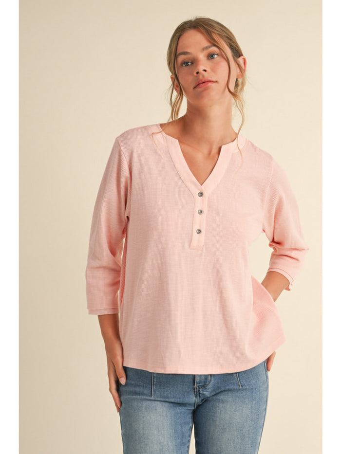 Waffle knit top with split henley neck