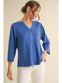 Waffle knit top with split henley neck