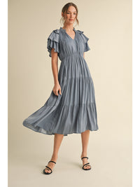 Solid wrinkle midi dress with frilled tie neck